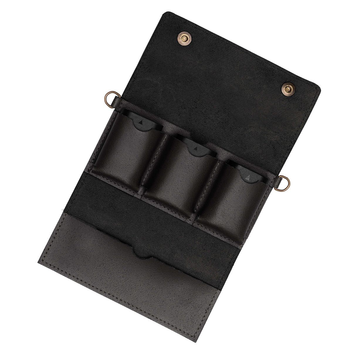 Leren camera accu houder voor drie reserve batterijen zwart
