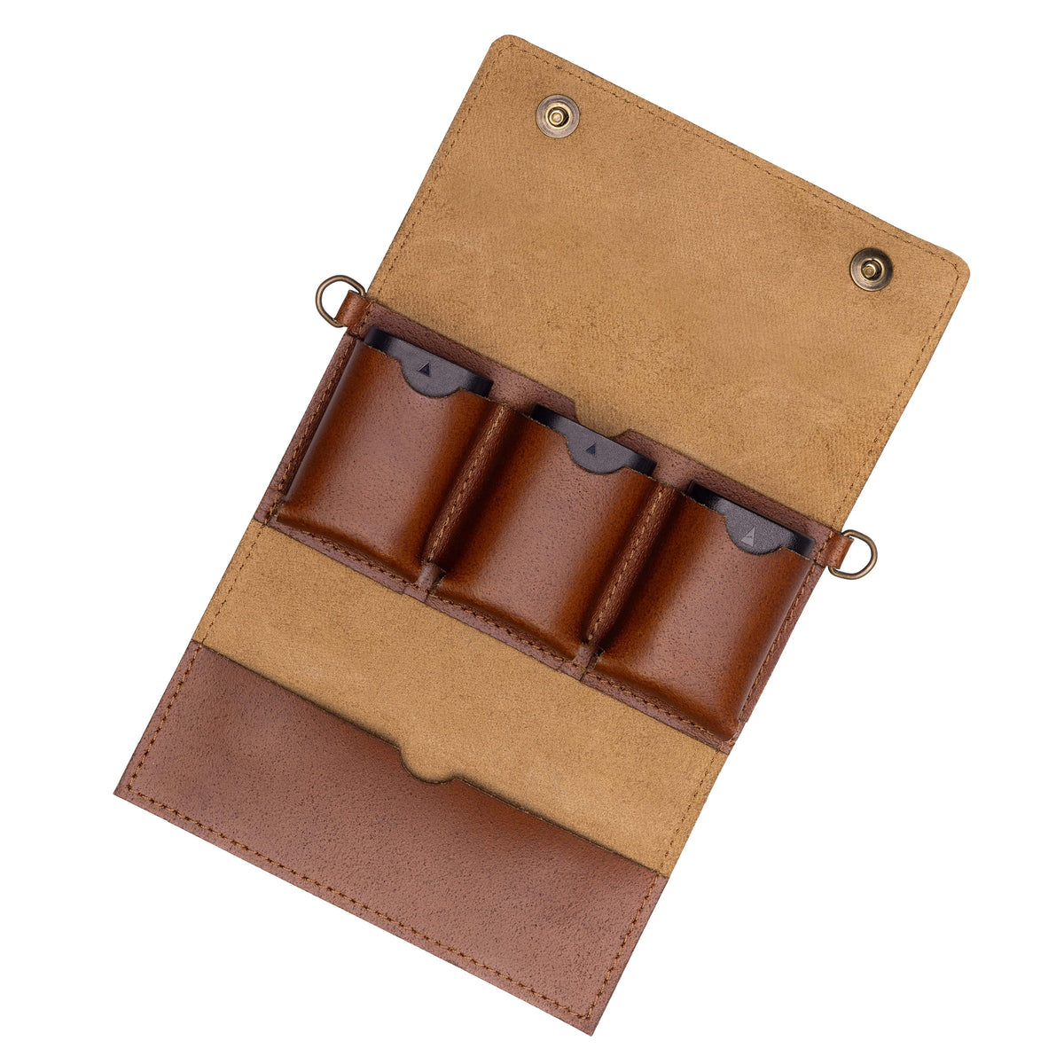 Leren camera accu houder voor drie reserve batterijen whiskey brown